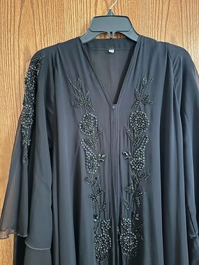 Black Beaded Floral Embellished Long Kimono